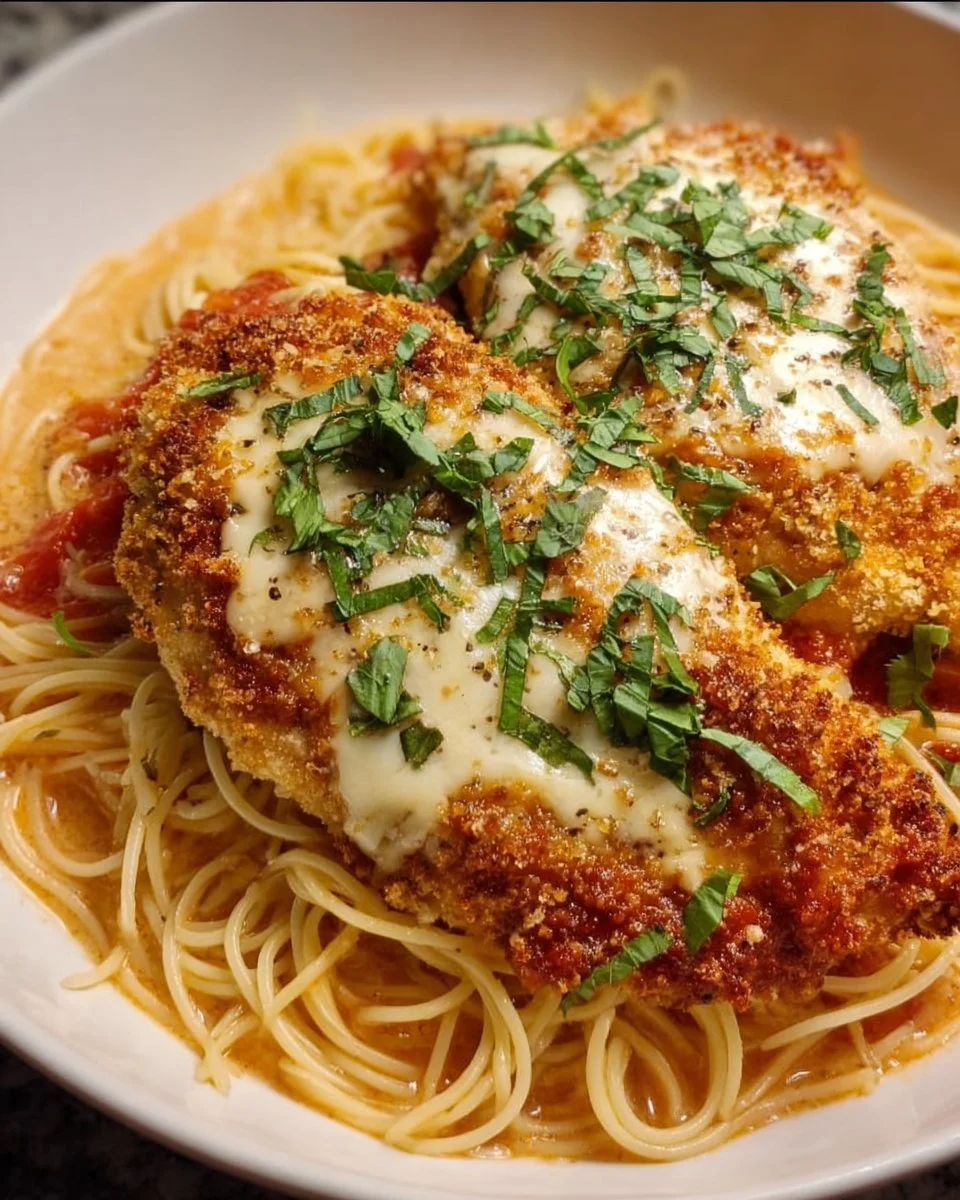 A plate of Chicken Romano with pasta and herbs served in a restaurant-style setting.