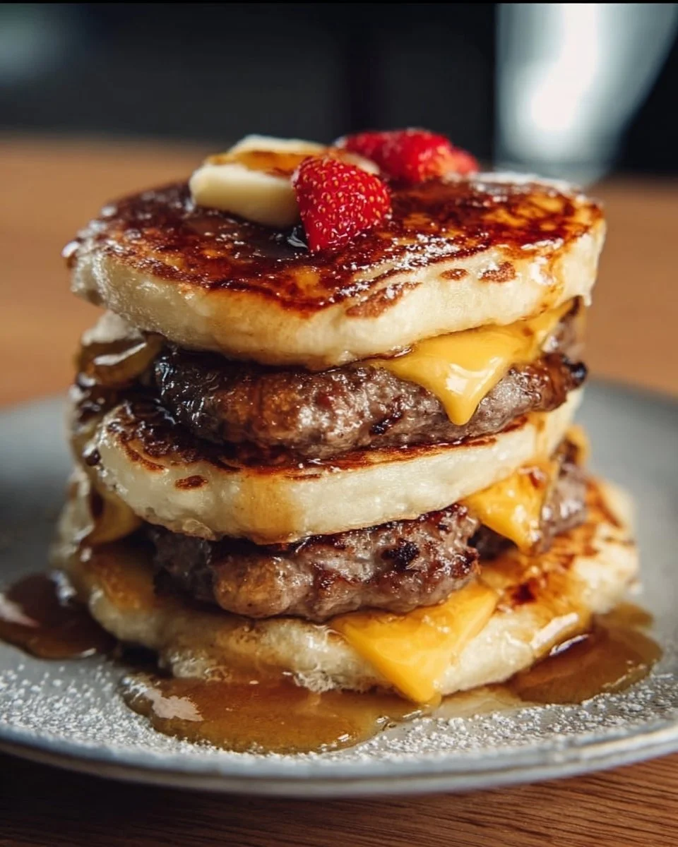 Delicious smash burger pancakes stacked on a plate with toppings
