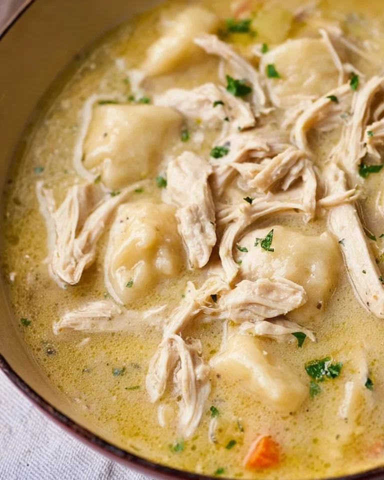 Bowl of easy Southern chicken and dumplings with herbs and spices