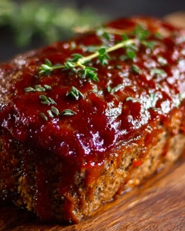 Delicious Grandma’s glazed meatloaf sliced on a plate with a shiny glaze