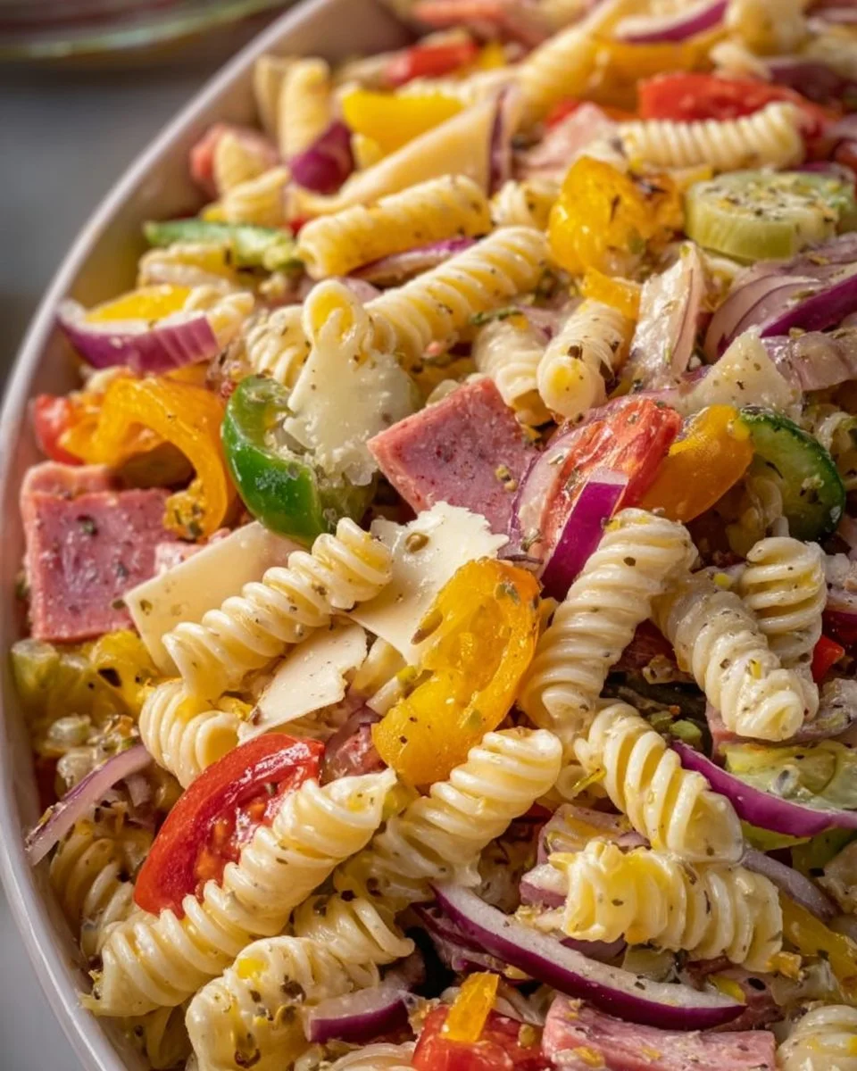 Colorful bowl of Grinder Pasta Salad with fresh vegetables and dressing