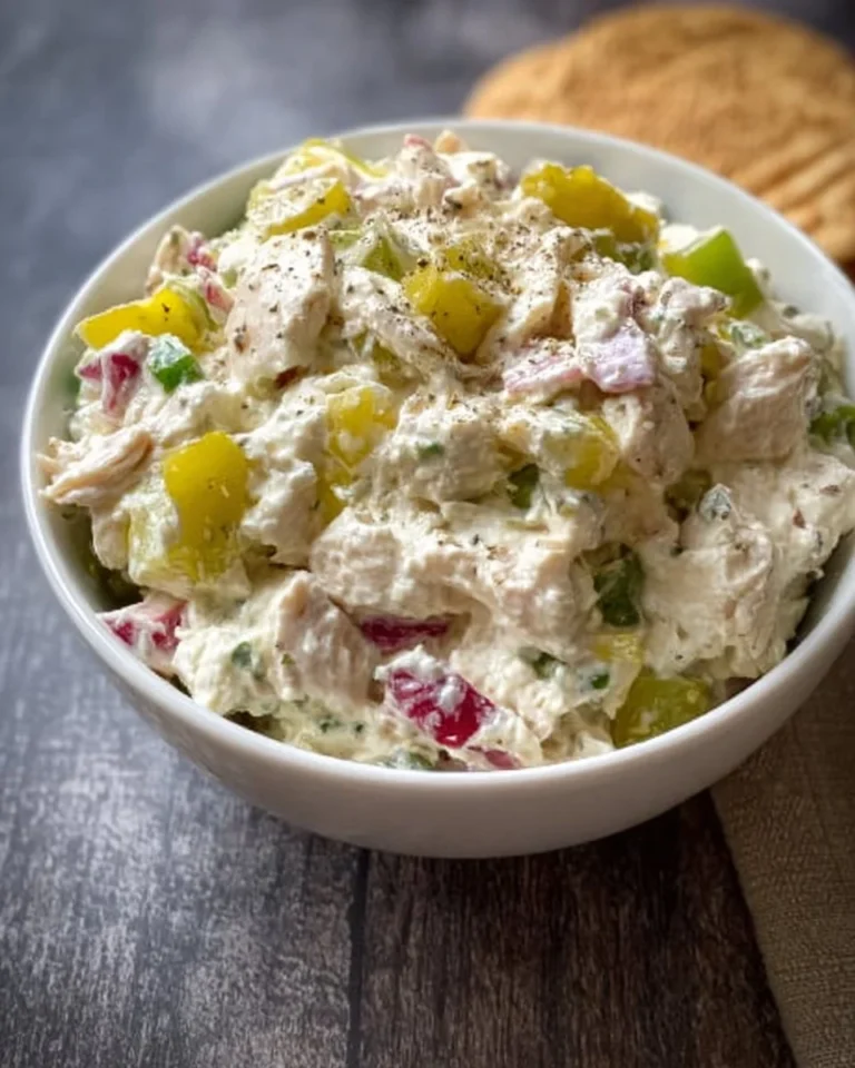 High protein chicken salad served in a bowl with fresh vegetables and dressing