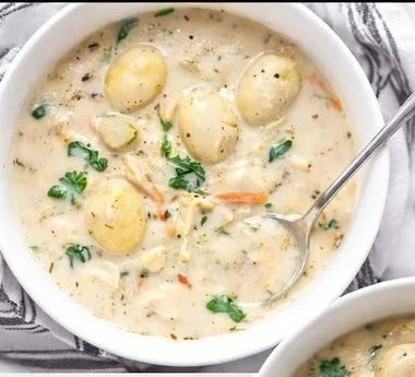 Bowl of homemade Chicken Gnocchi Soup with vegetables and gnocchi