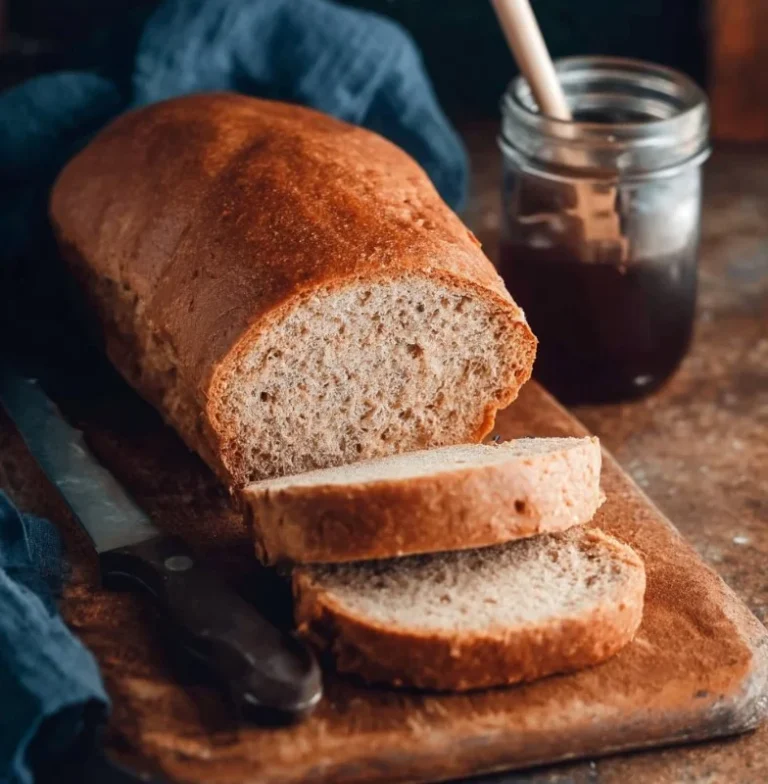 Loaf of homemade honey whole wheat bread on a wooden cutting board