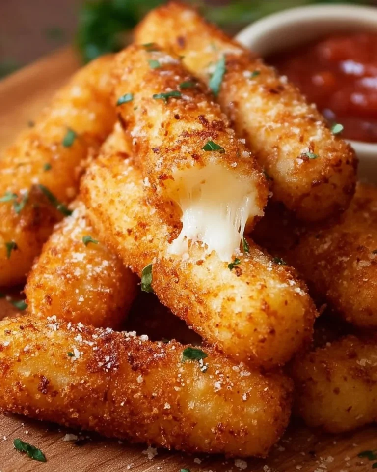 Plate of crispy homemade mozzarella cheese sticks with marinara dipping sauce