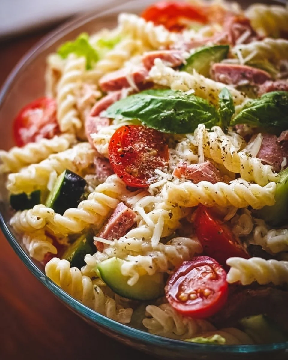 Italian Grinder Pasta Salad with fresh vegetables and Italian dressing