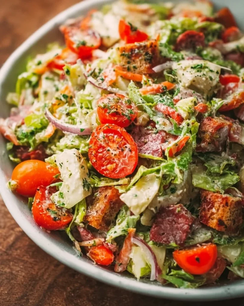 A colorful Italian Grinder Salad with fresh vegetables and Italian dressing.