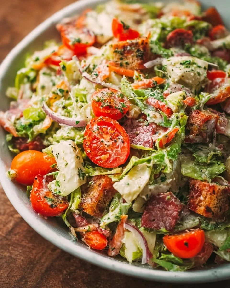 A colorful Italian Grinder Salad with fresh vegetables and Italian dressing.