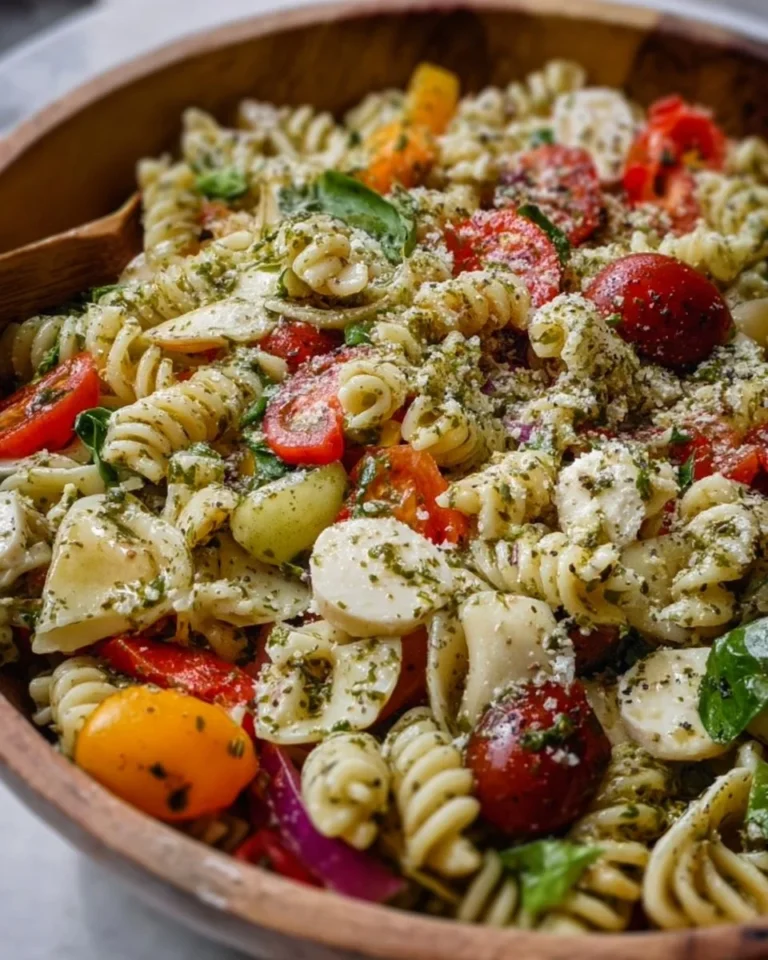 Bowl of Italian Pasta Salad with fresh vegetables and dressing