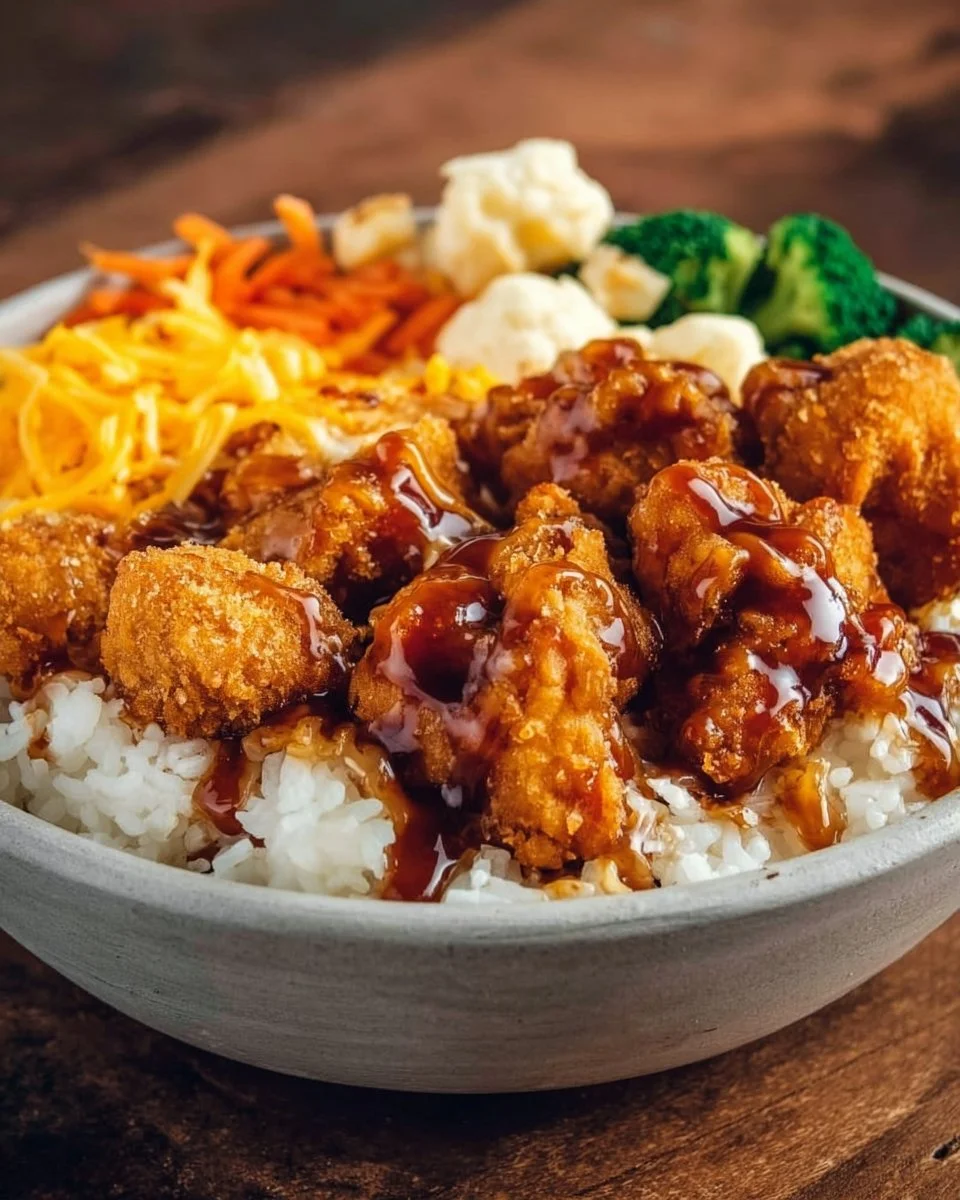 Delicious homemade KFC Bowls copycat meal with chicken, gravy, and mashed potatoes.