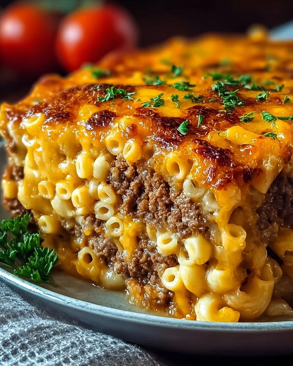 Delicious Mac and Cheese Meatloaf Casserole ready to serve as a comforting meal.