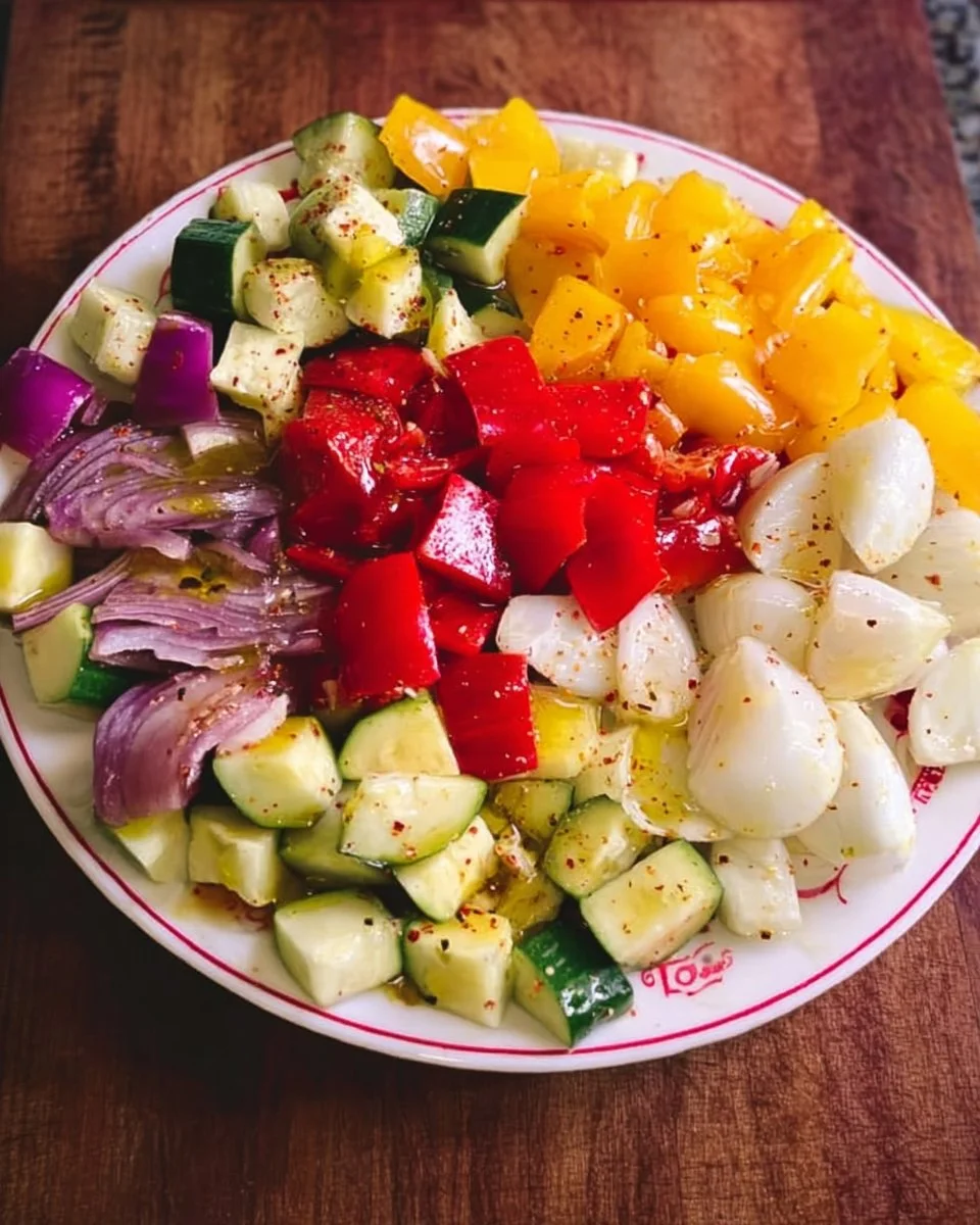 Colorful marinated vegetable salad featuring fresh, vibrant vegetables
