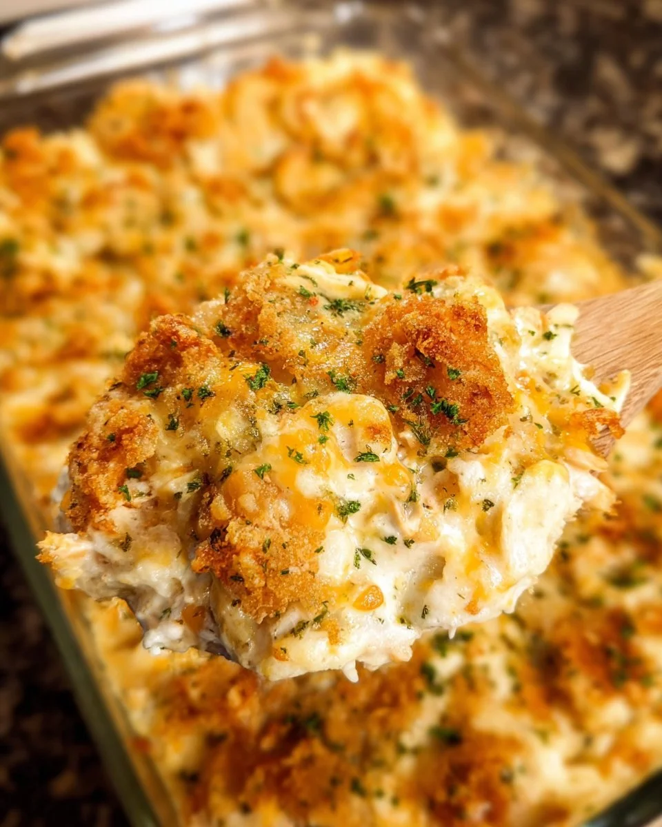 Creamy Million Dollar Chicken Casserole dish served in a baking dish