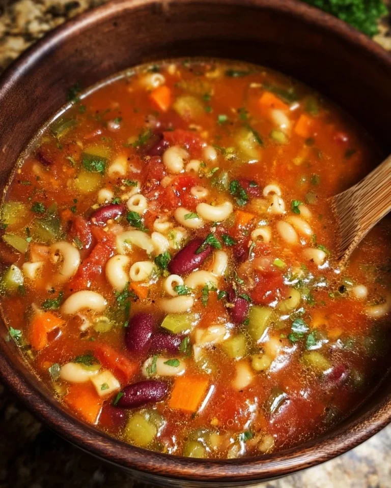 Bowl of hearty minestrone soup with vegetables and pasta, Olive Garden copycat recipe