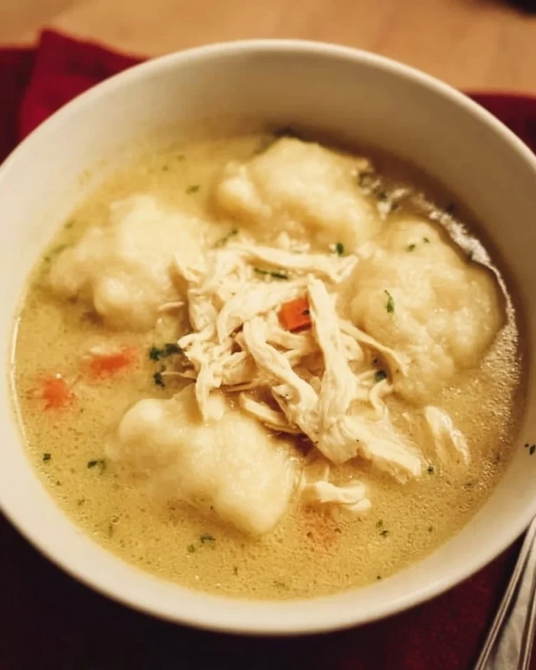 Bowl of Old Fashioned Chicken and Dumplings with fresh herbs