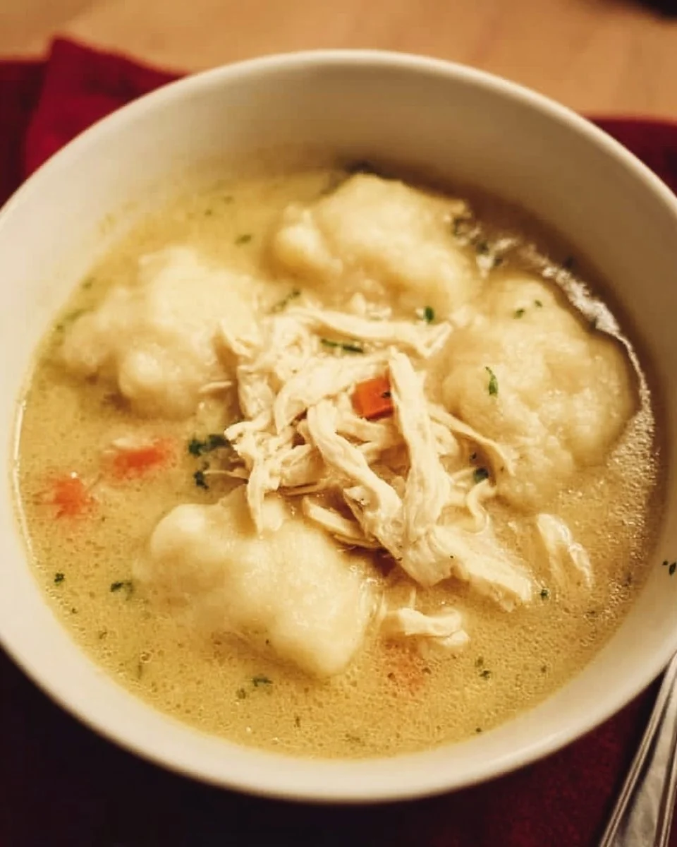Bowl of Old Fashioned Chicken and Dumplings with fresh herbs