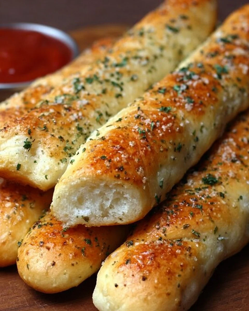 Warm Olive Garden breadsticks served with marinara sauce