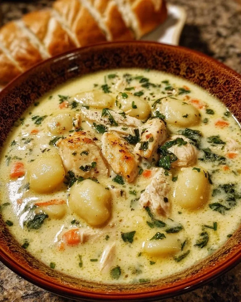 Bowl of Olive Garden Chicken Gnocchi Soup garnished with herbs