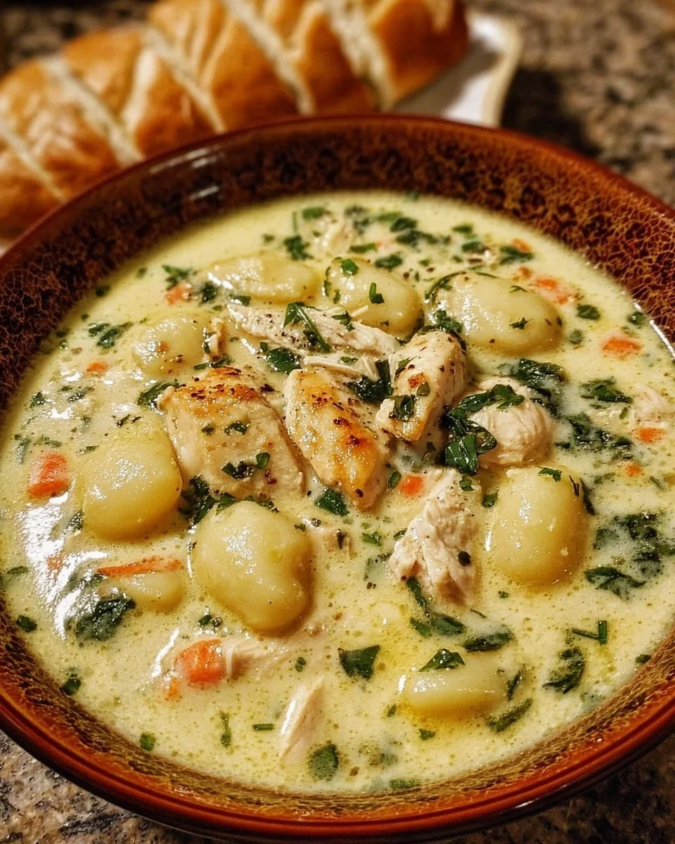 Bowl of Olive Garden Chicken Gnocchi Soup garnished with herbs