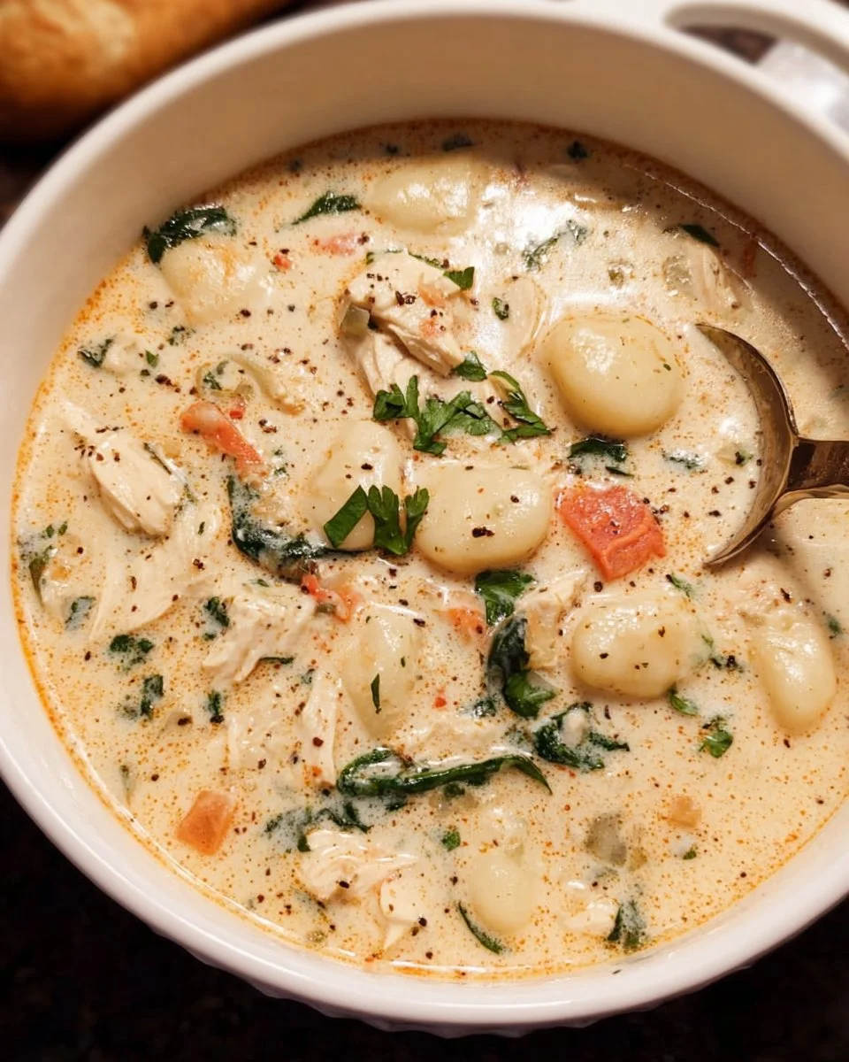 Bowl of Olive Garden-style Chicken Gnocchi Soup with fresh herbs and ingredients