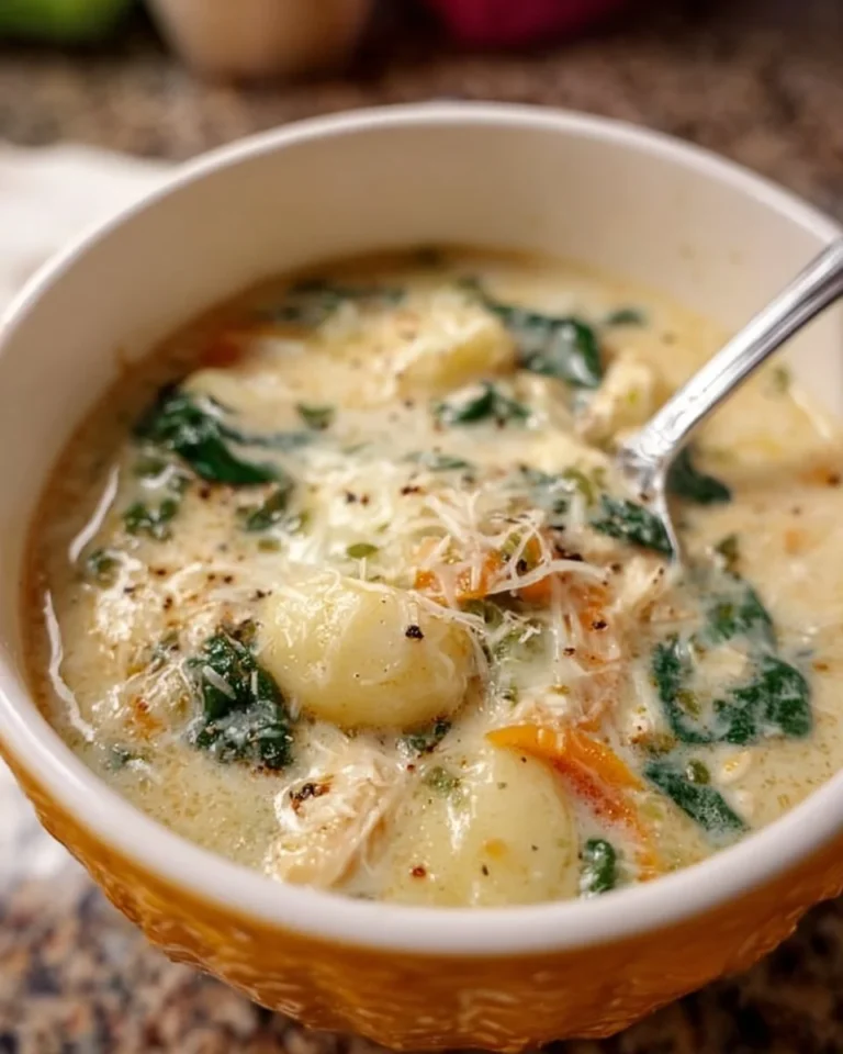Bowl of Chicken Gnocchi Soup inspired by Olive Garden copycat recipe