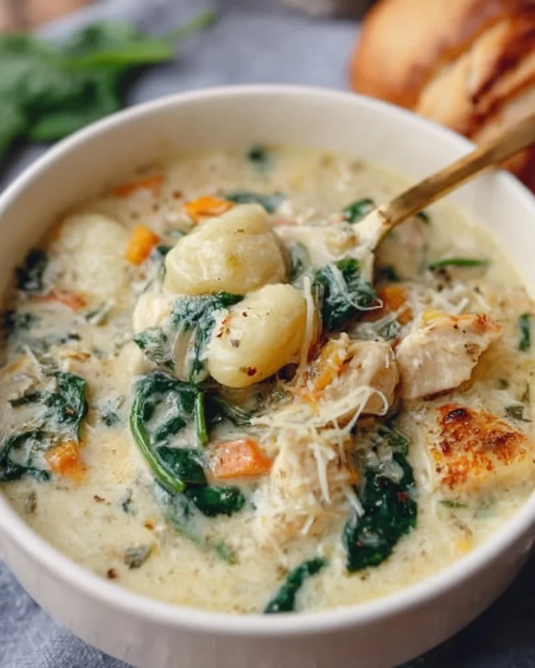 Bowl of Olive Garden-inspired chicken gnocchi soup with fresh herbs