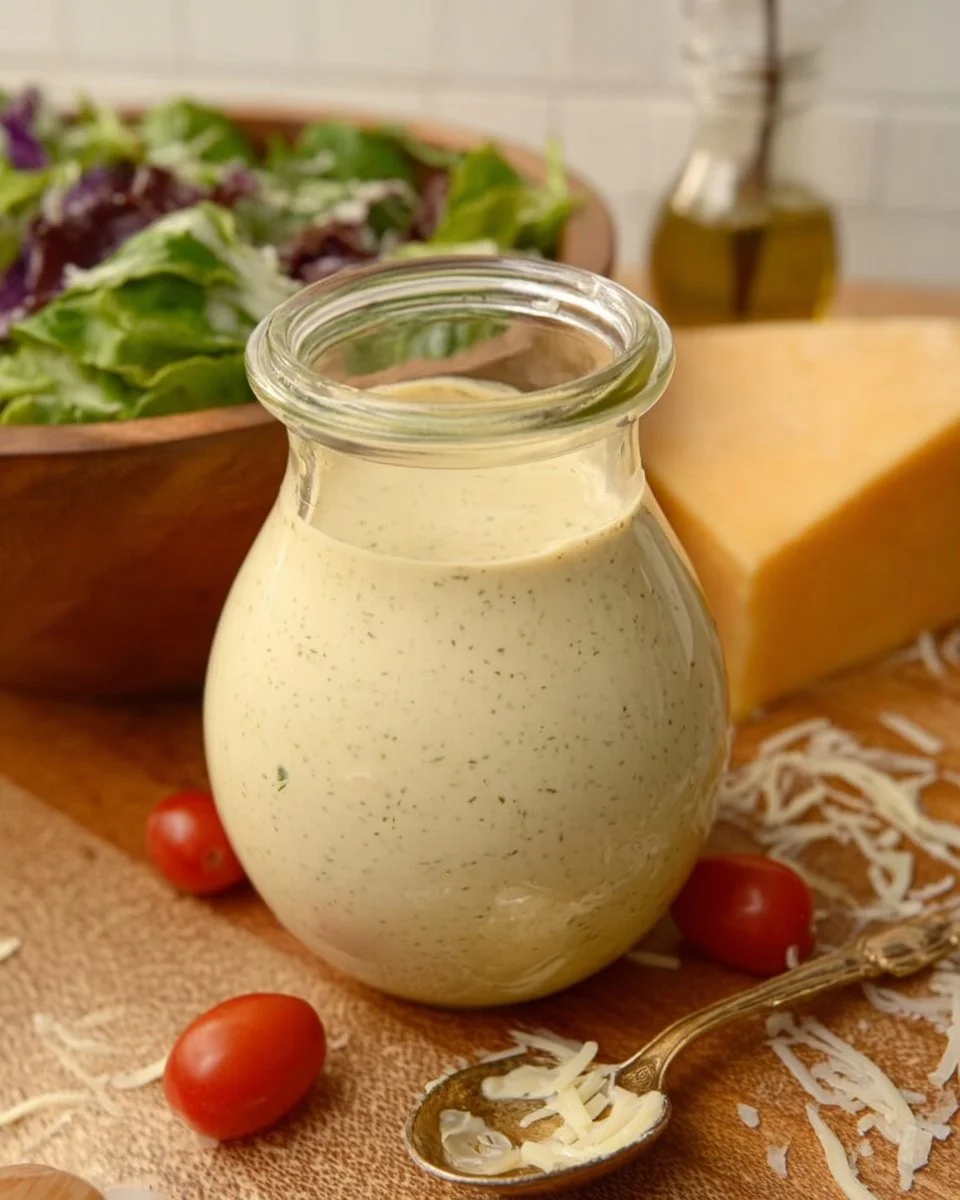 A bottle of Olive Garden dressing on a fresh salad with vibrant vegetables.