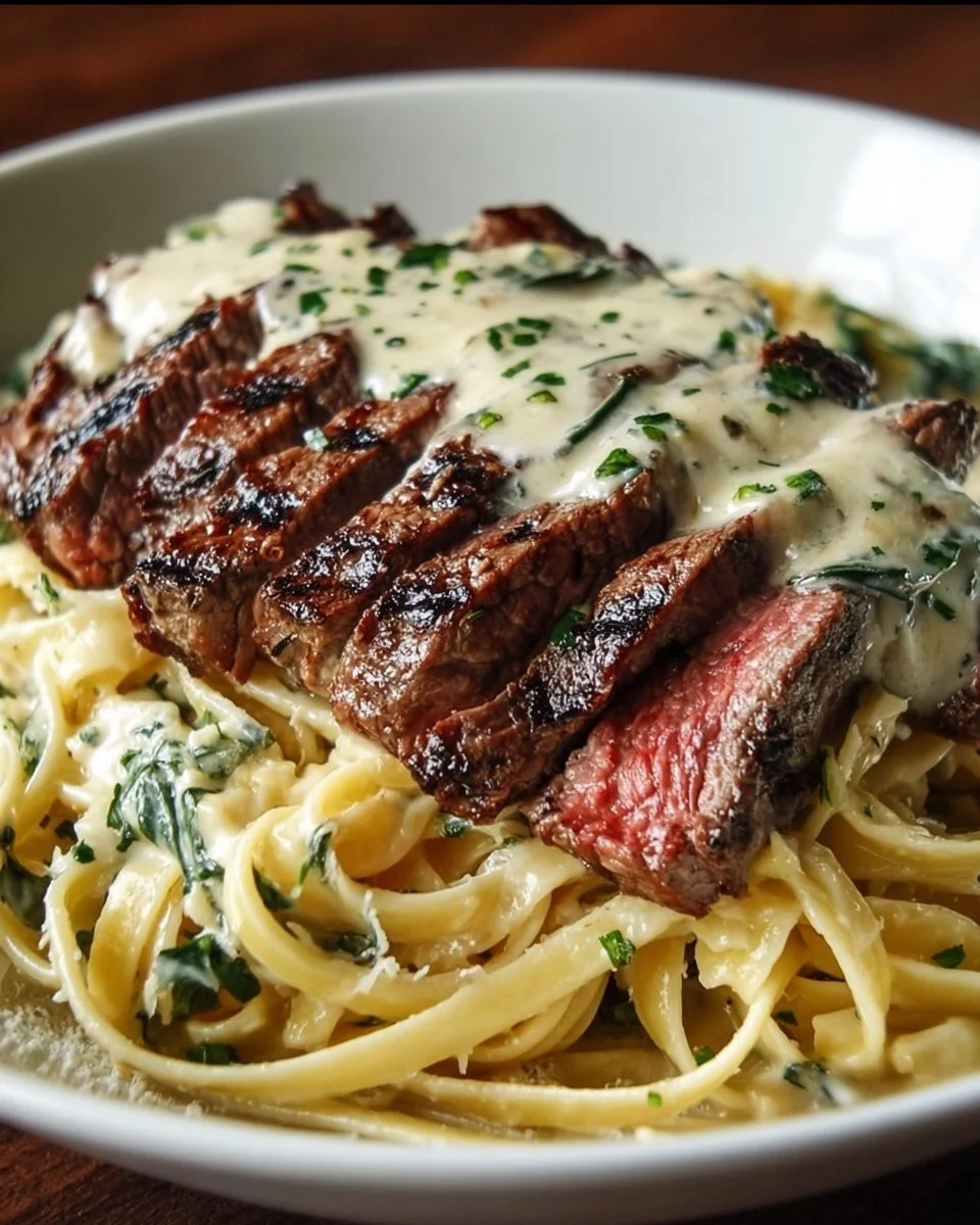 Delicious Steak Gorgonzola Alfredo served at Olive Garden with creamy sauce.