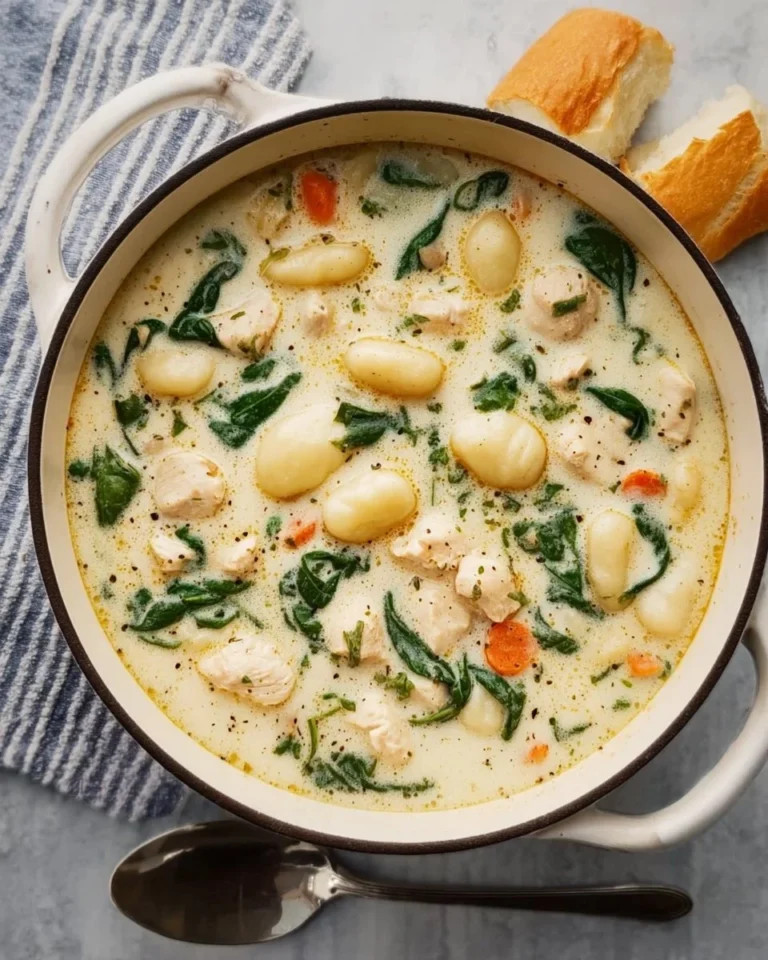 Bowl of Olive Garden style chicken gnocchi soup topped with herbs