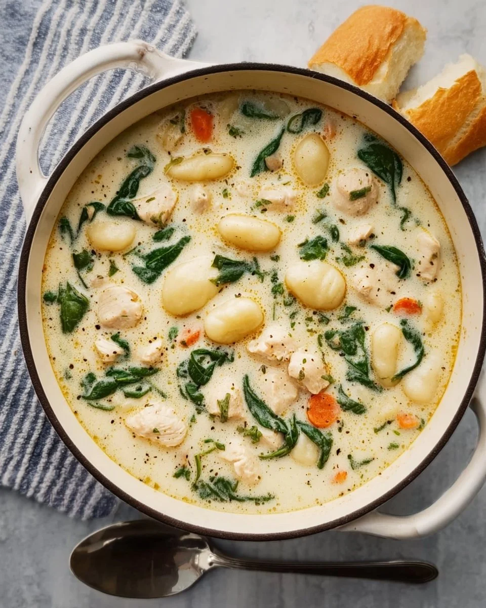 Bowl of Olive Garden style chicken gnocchi soup topped with herbs