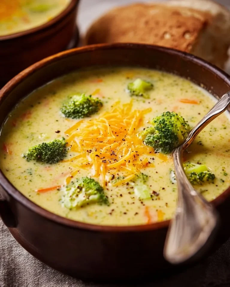 Bowl of homemade broccoli cheddar soup inspired by Panera's recipe