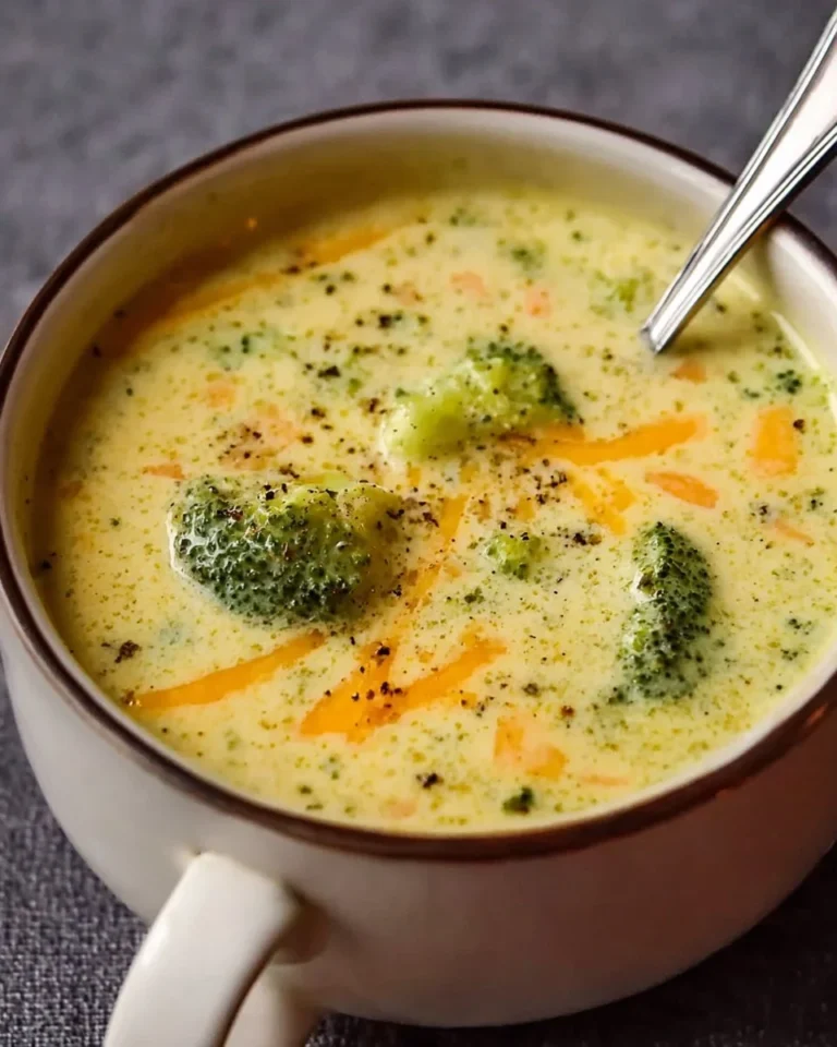 Bowl of homemade broccoli cheddar soup inspired by Panera's classic recipe.
