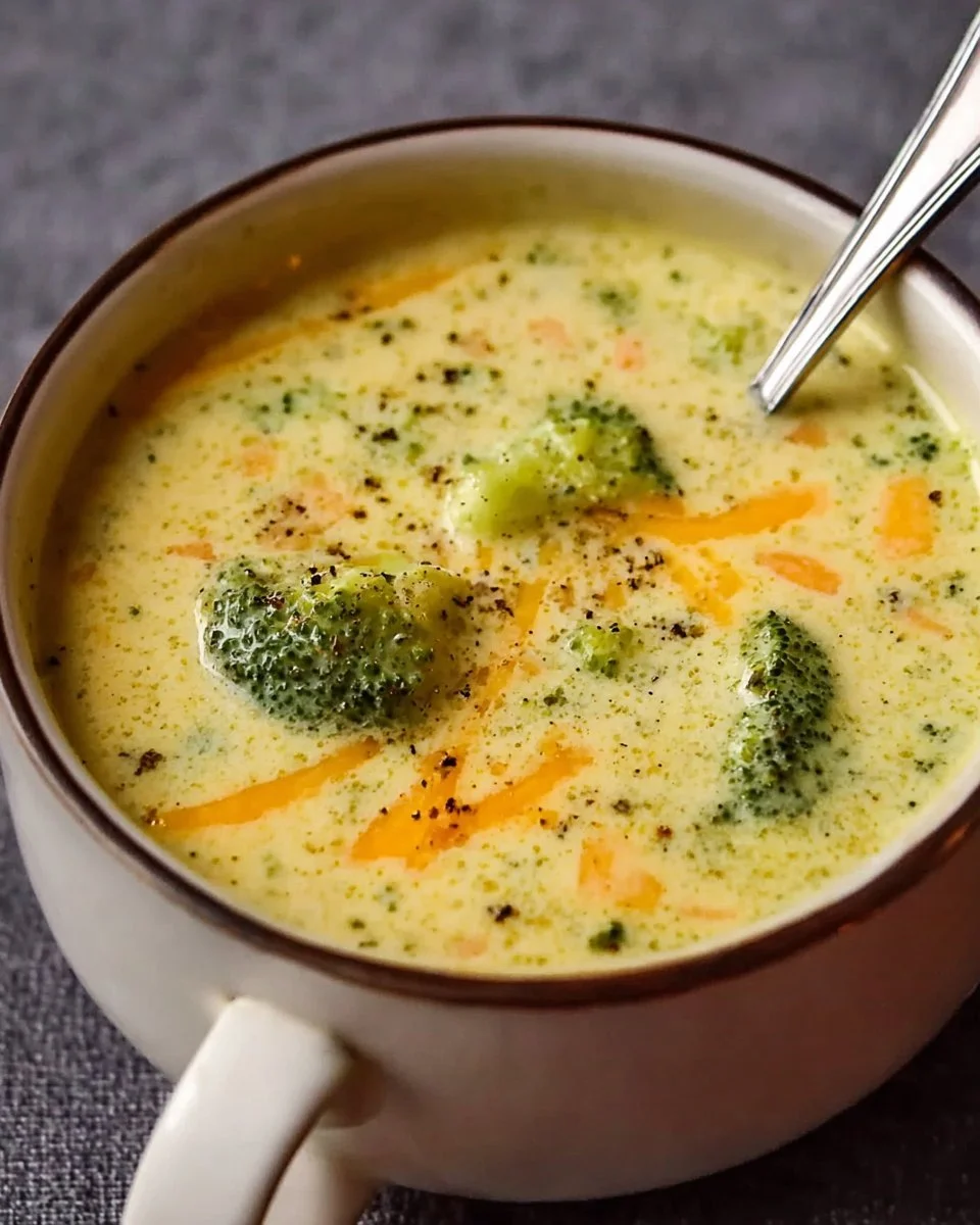 Bowl of homemade broccoli cheddar soup inspired by Panera's classic recipe.