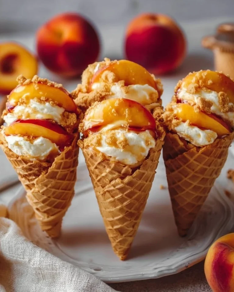 Delicious Peach Cobbler Cheesecake Cones with fresh peaches and creamy cheesecake filling.