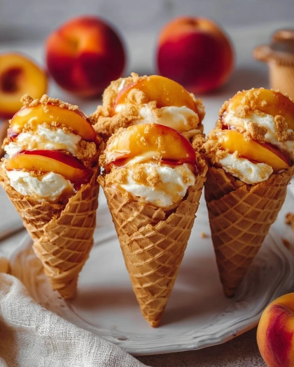 Delicious Peach Cobbler Cheesecake Cones with fresh peaches and creamy cheesecake filling.