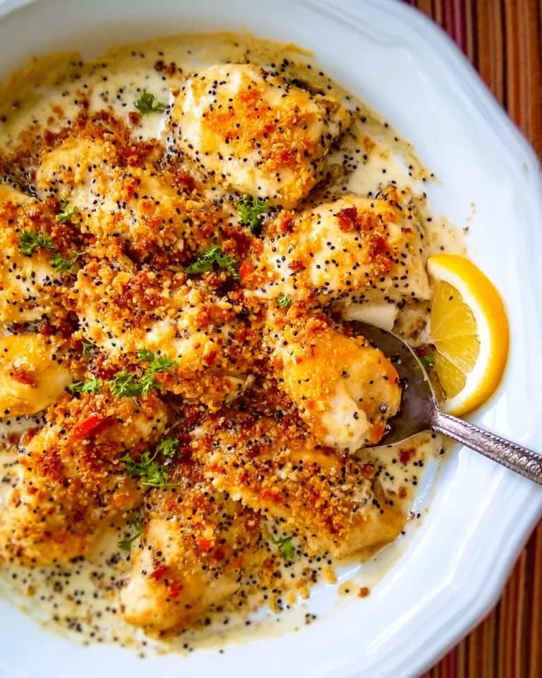 Creamy and flavorful poppy seed chicken casserole served on a plate