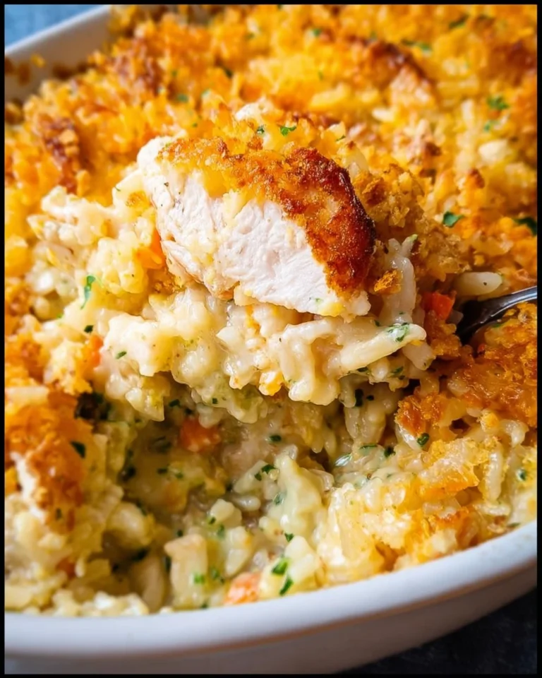 Delicious Ritz Chicken Rice Casserole served in a dish with garnish
