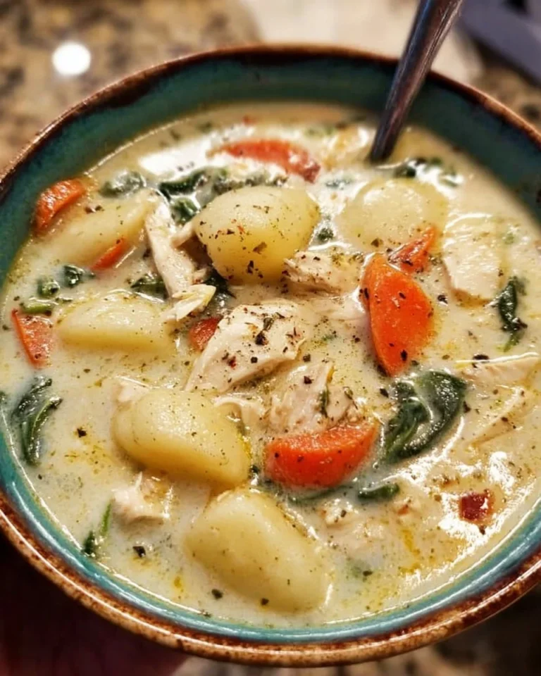 Bowl of Slow Cooker Chicken Gnocchi Soup with fresh herbs and vegetables