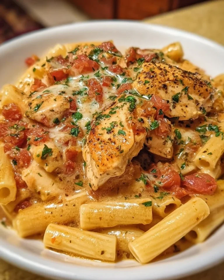 Slow Cooker Olive Garden Chicken Pasta served in a bowl with parsley garnish.