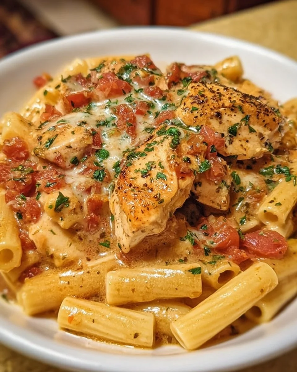 Slow Cooker Olive Garden Chicken Pasta served in a bowl with parsley garnish.