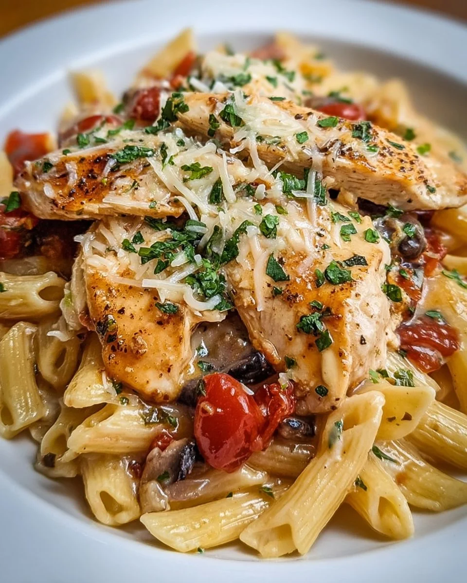 Slow Cooker Olive Garden Chicken Pasta served in a bowl with herbs