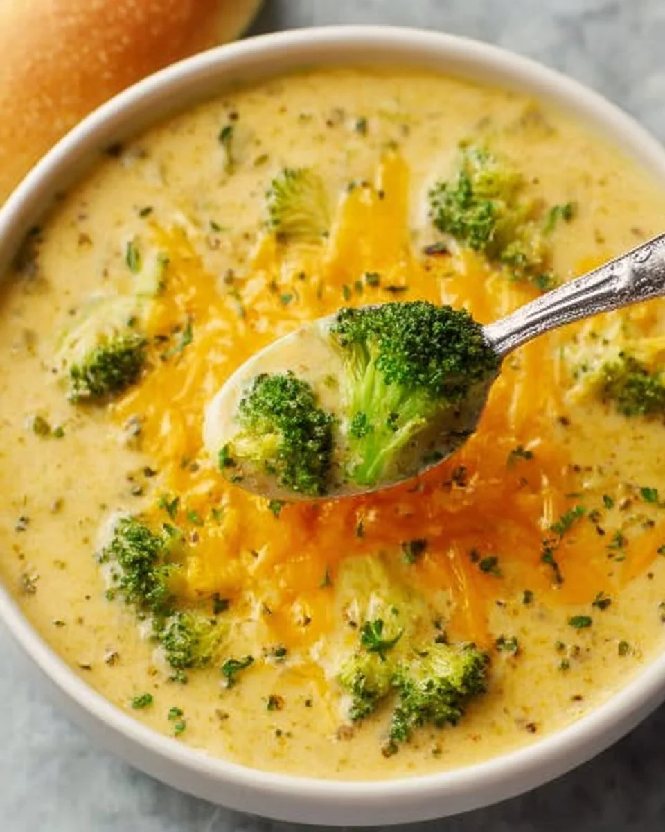 Creamy slow cooker Panera-style broccoli cheddar soup in a bowl