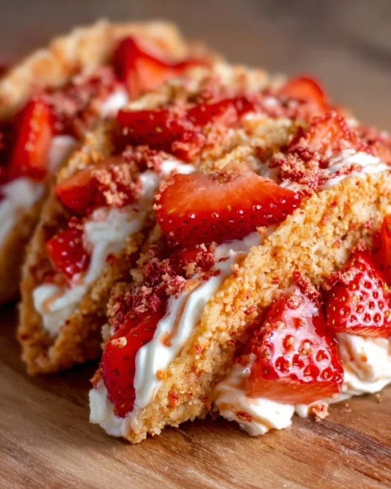 Strawberry crunch cheesecake tacos served on a plate, no-bake dessert recipe.