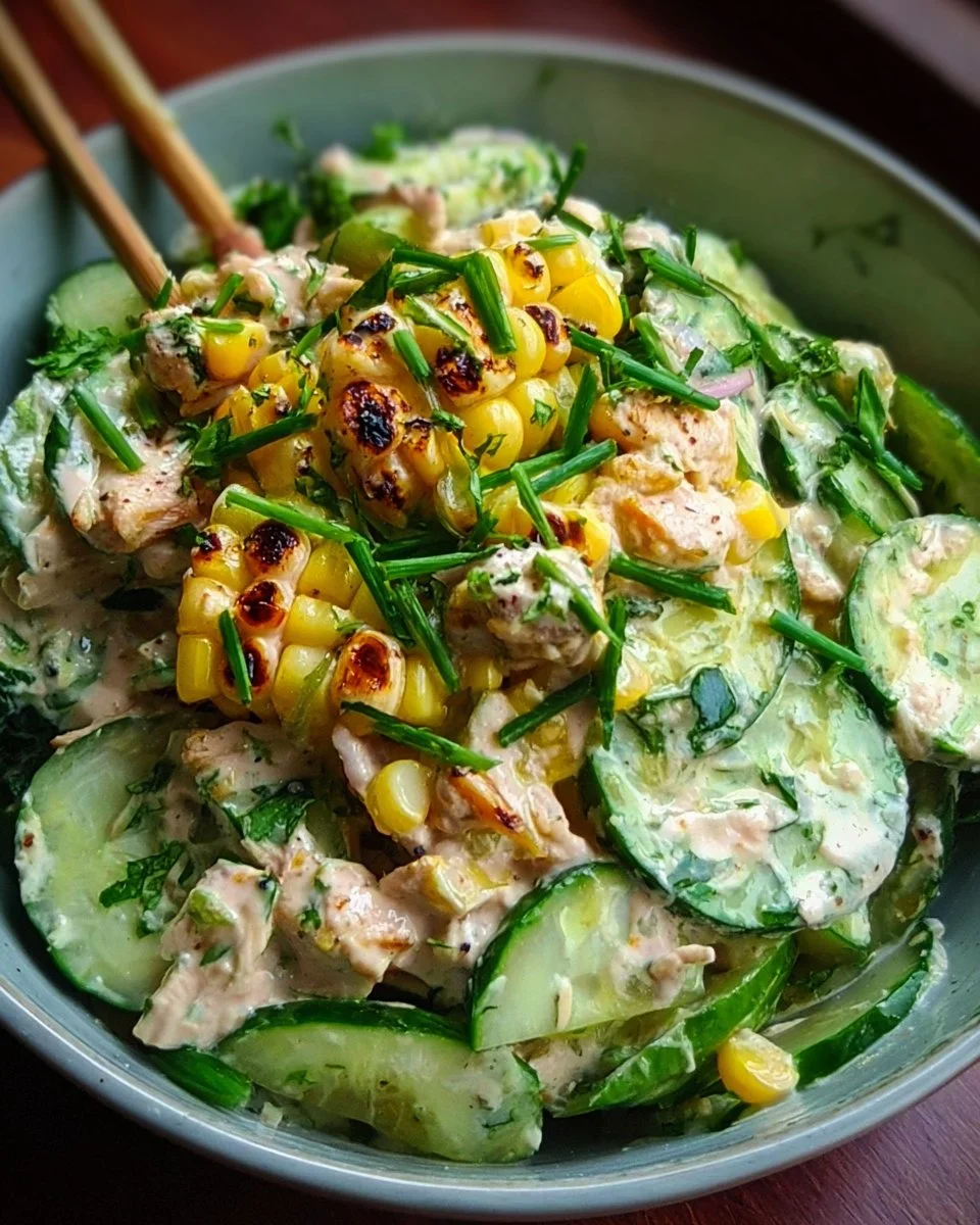 Delicious Street Corn Creamy Cucumber Chicken Salad in a bowl