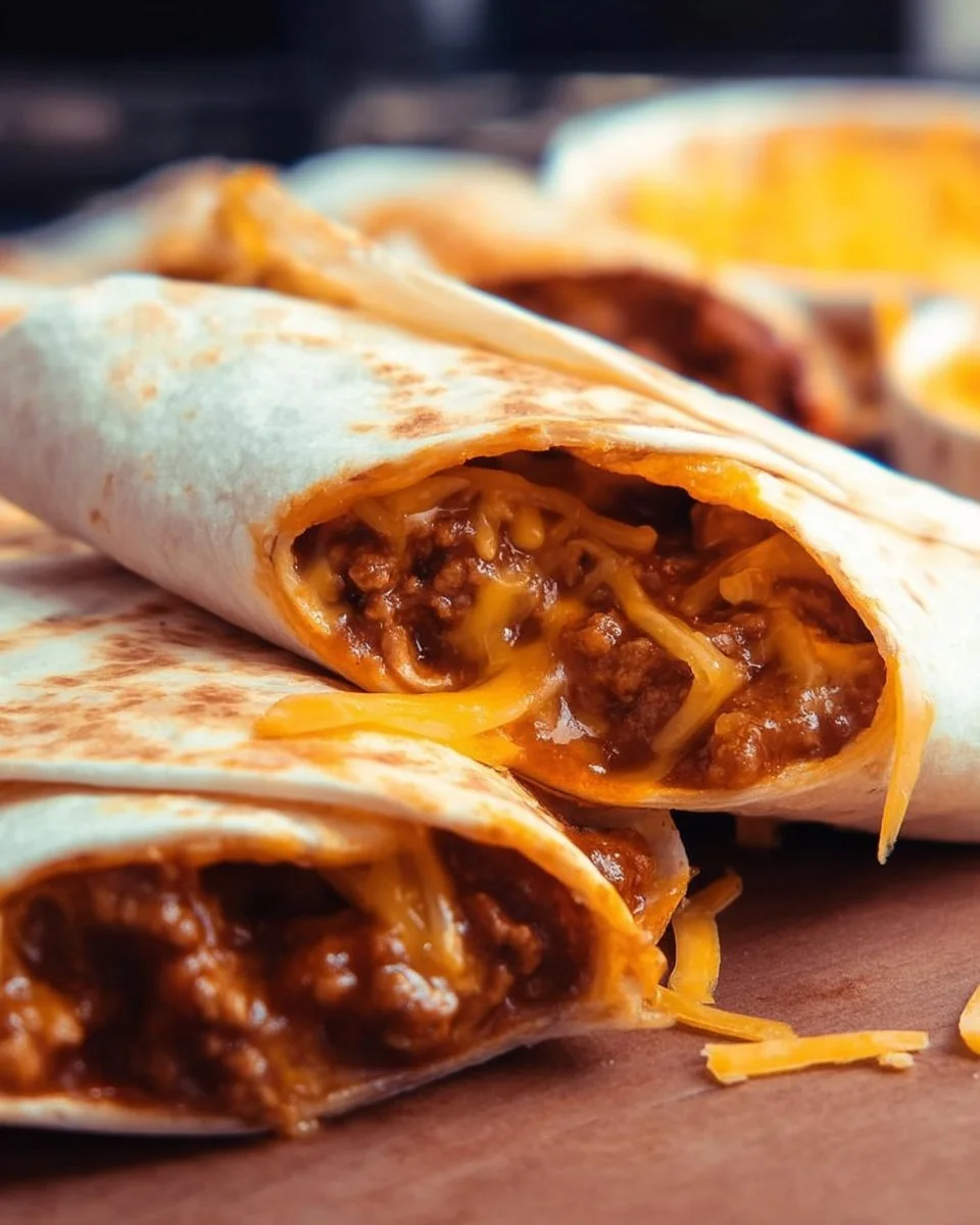 Delicious Taco Bell Chili Cheese Burrito wrapped in a tortilla with cheese and chili