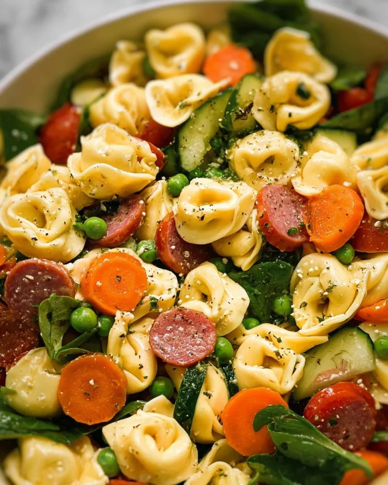 Colorful tortellini salad with fresh vegetables and herbs