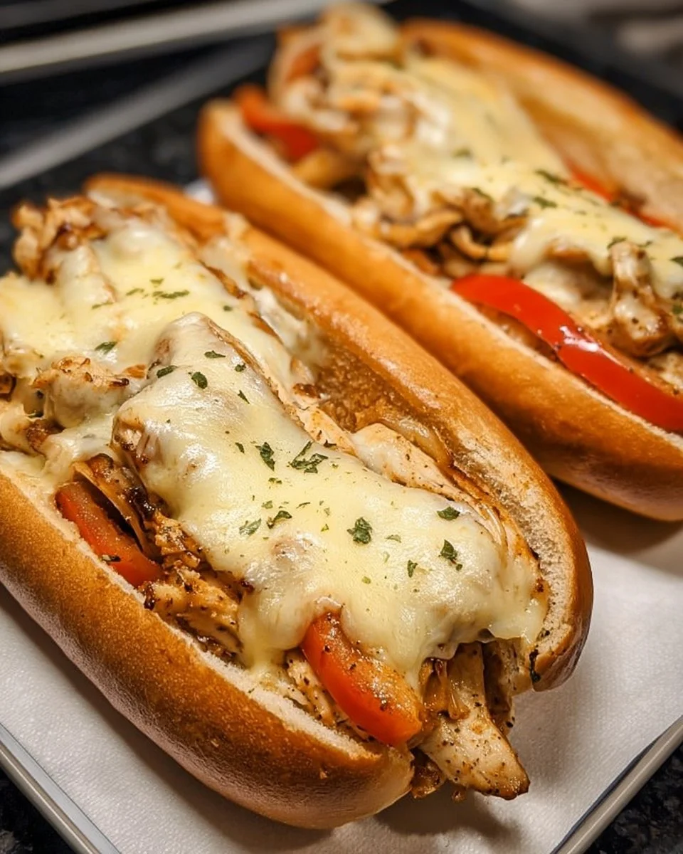 Delicious Chicken Philly Cheese Steaks with melted cheese and toppings