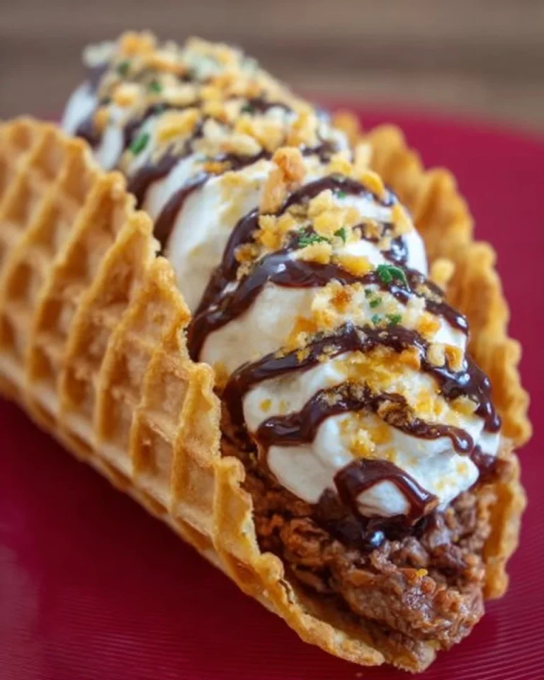 Waffle cone taco filled with delicious ingredients served on a plate.