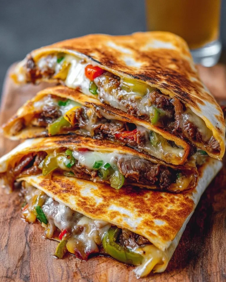 Delicious Philly Cheesesteak Quesadillas on a plate with melted cheese