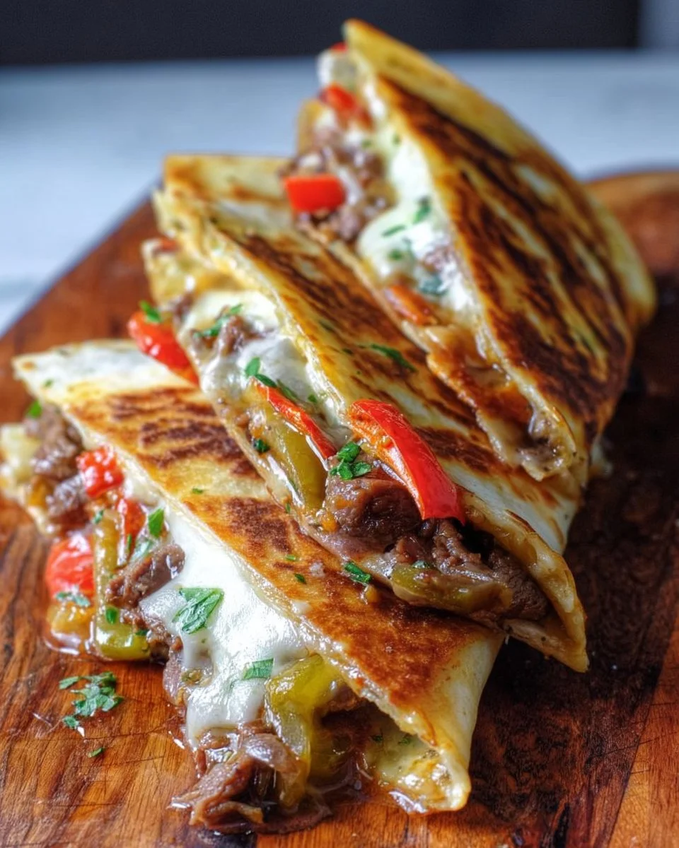 Plated Philly cheesesteak quesadillas with melted cheese and peppers